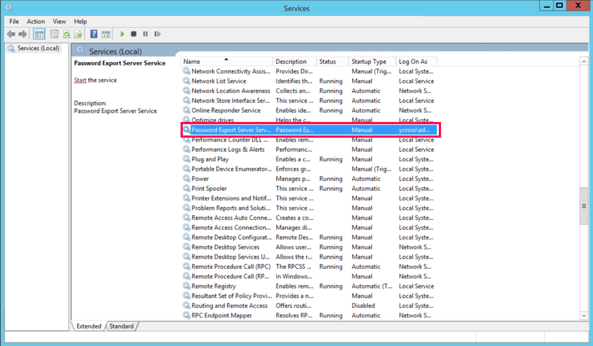 Starting the Password Export Server service manually in Services.msc.