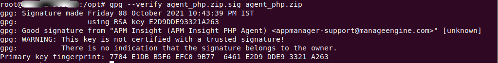 Applications Manager APM Insight PHP agent Checksum Validation: Agent signature verifiction