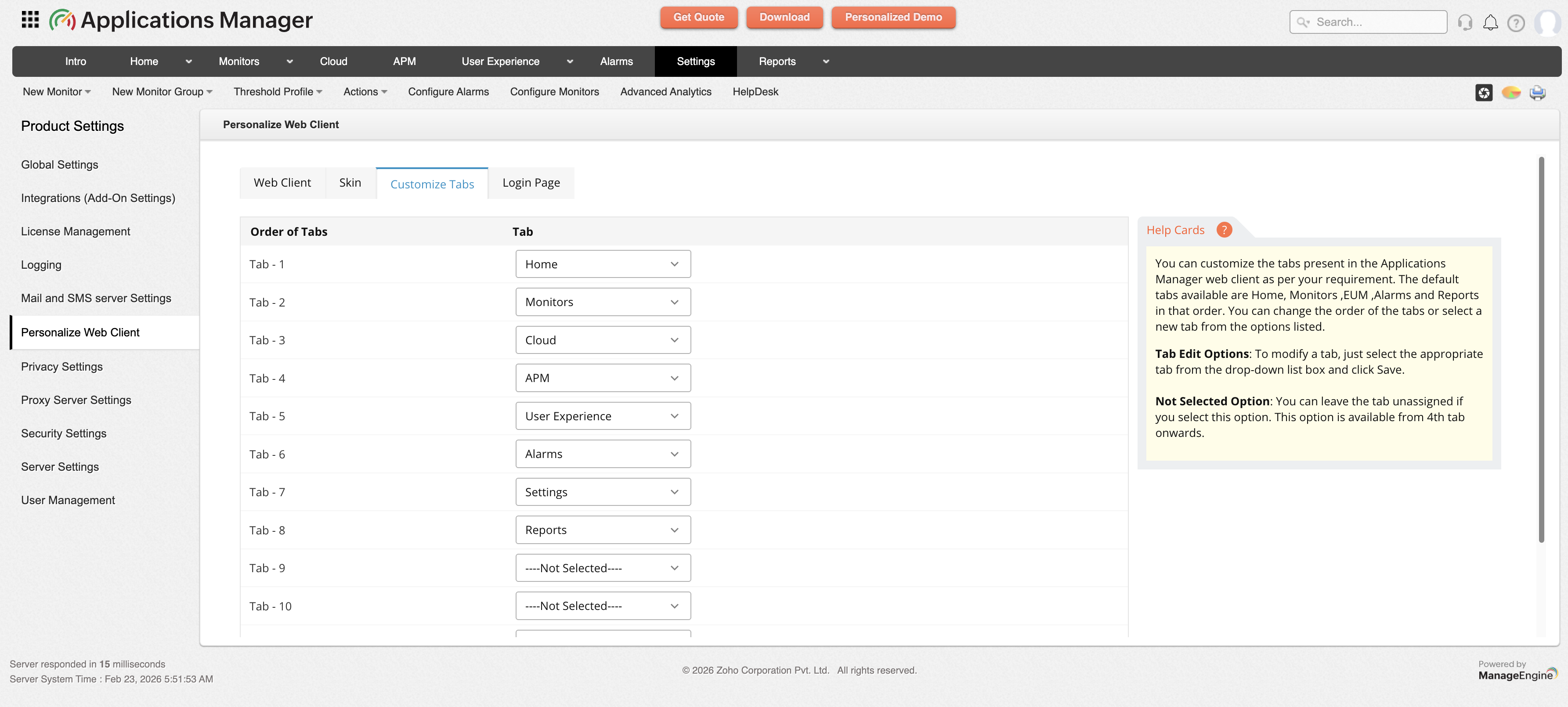 Applications Manager Personalize Web Client: Customize tabs
