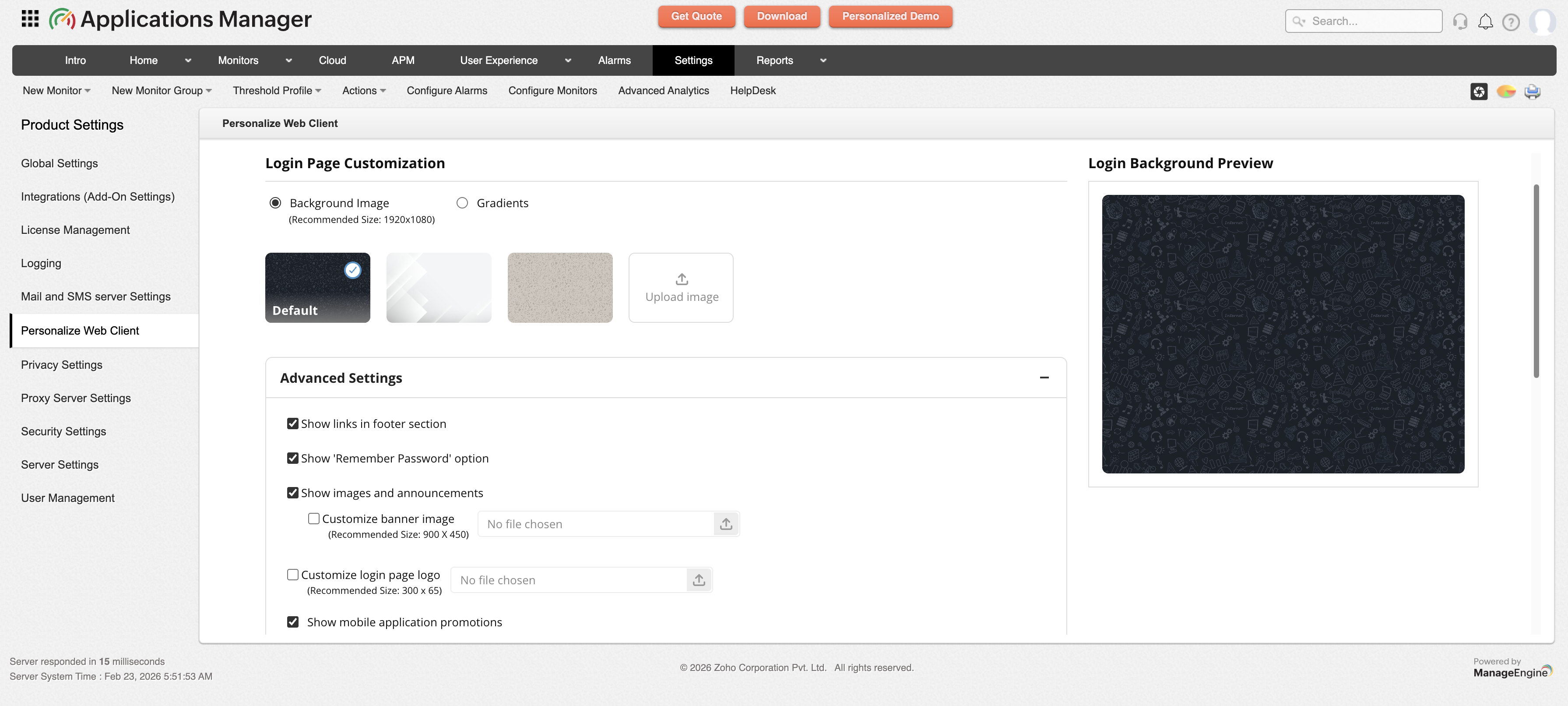 Applications Manager Personalize Web Client: Customize login page