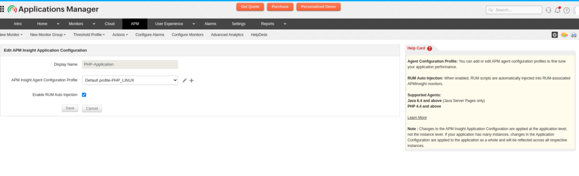 Applications Manager APM Insight Auto RUM Injection Edit monitor