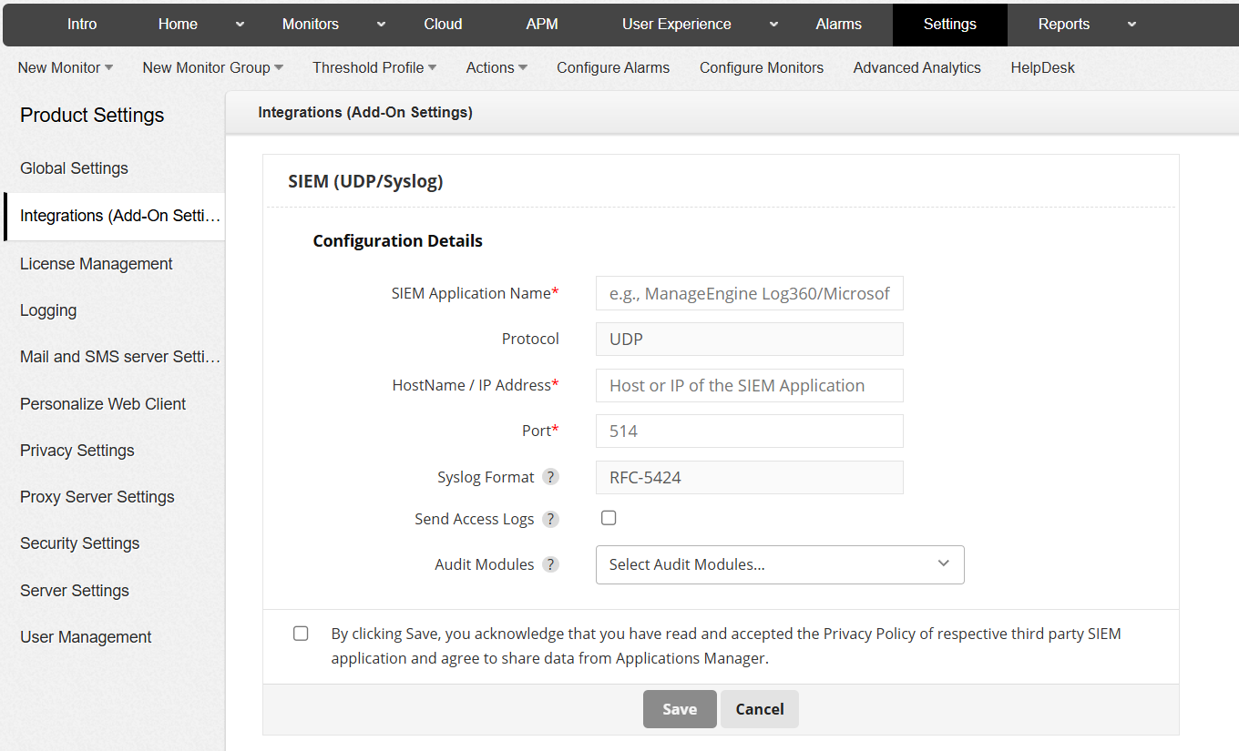 SIEM Integration Steps - ManageEngine Applications Manager