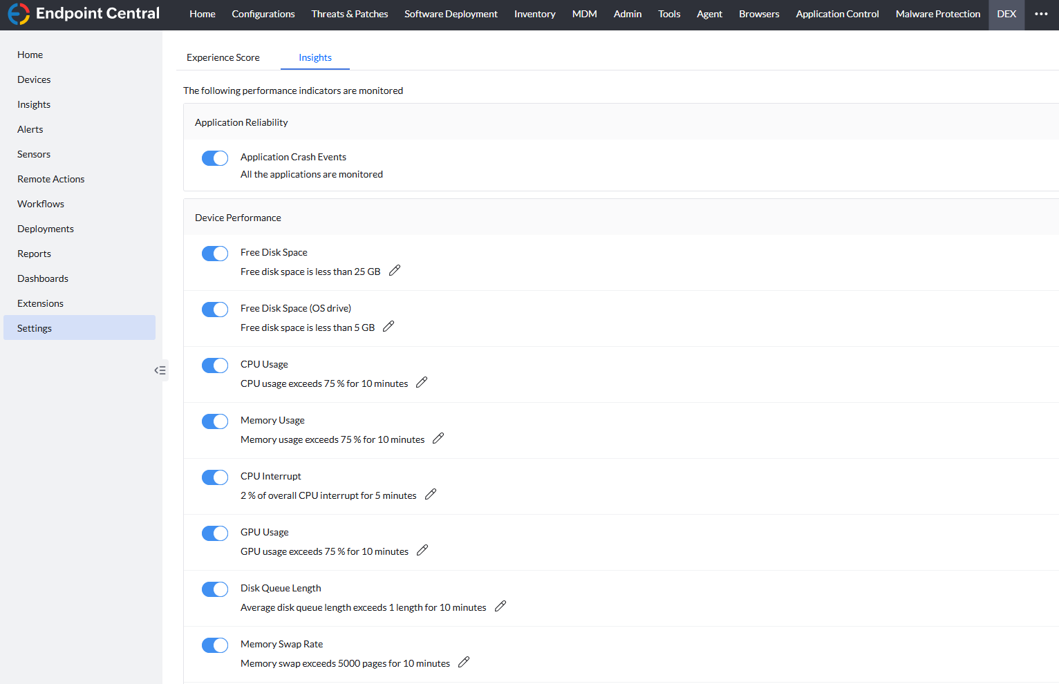 dex insights settings