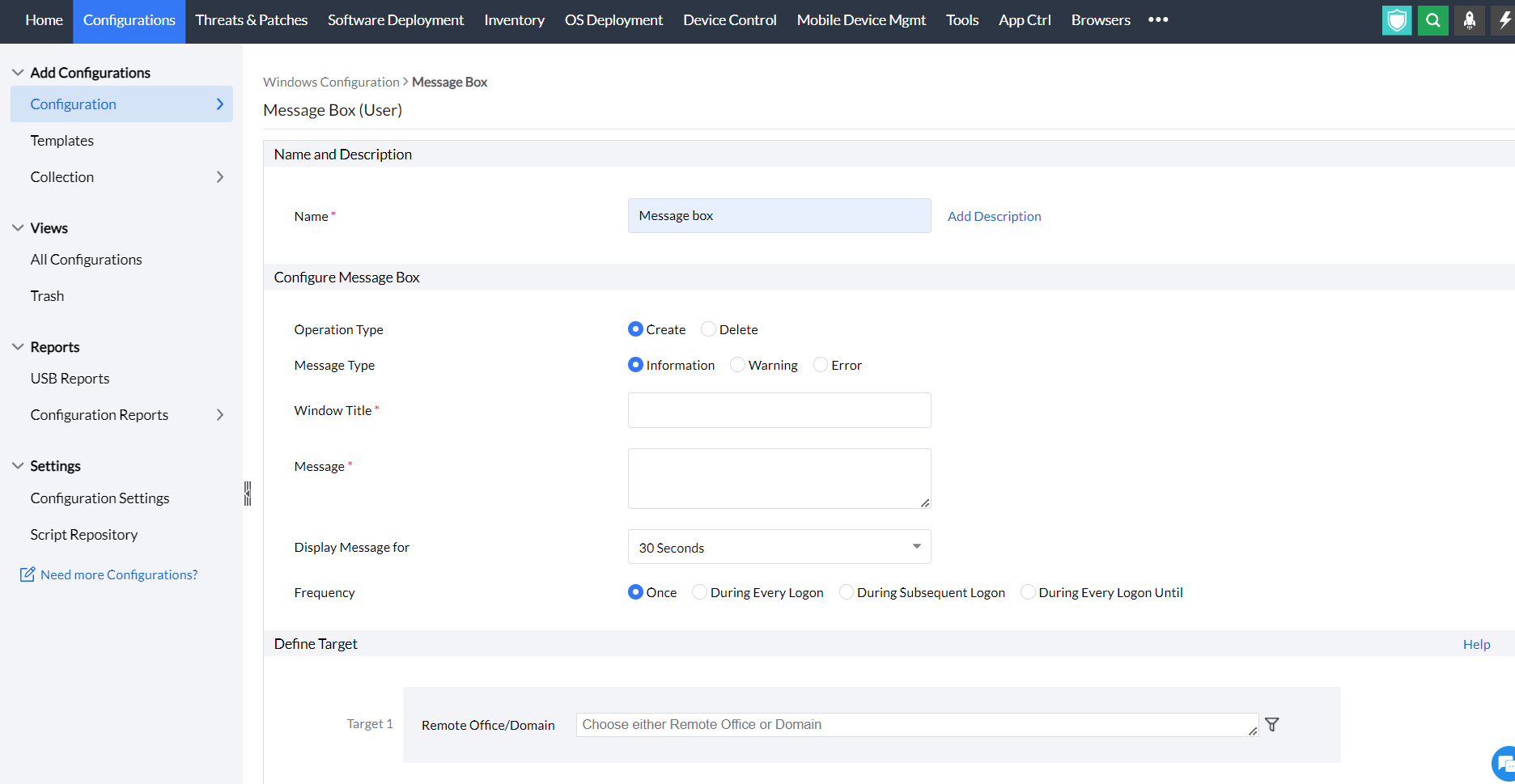 message box user configuration in endpoint central