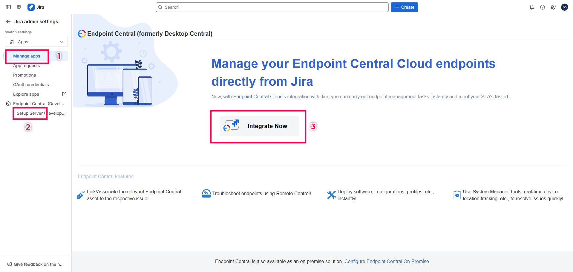 Endpoint Central Cloud - Jira Service Management Cloud Integration EC Cloud - Jira Cloud: EC App Setup Page