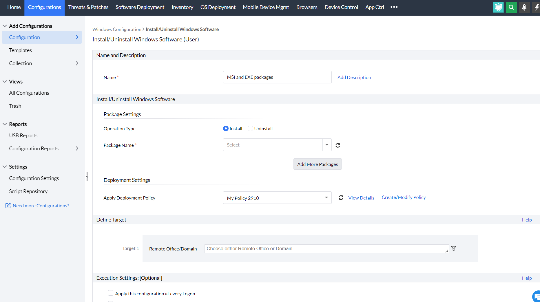 installing msi and exe packages in endpoint central