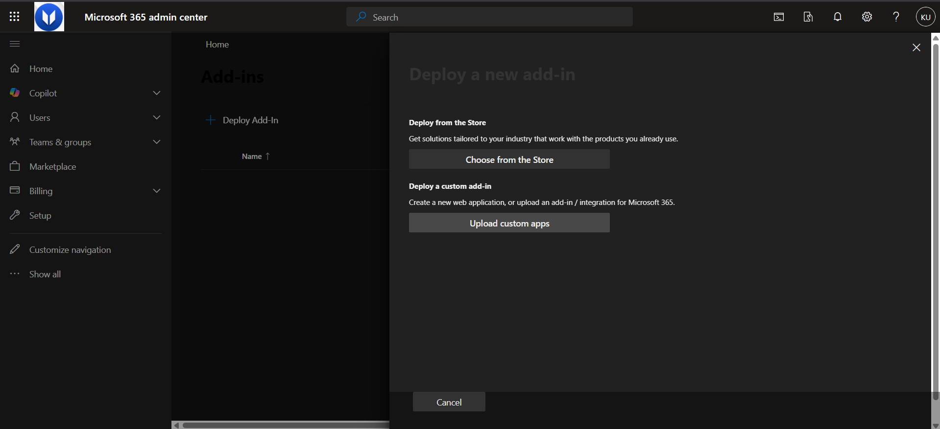 Deploy Add-in dialog in Microsoft 365 Admin Center showing the Next and Upload custom apps options