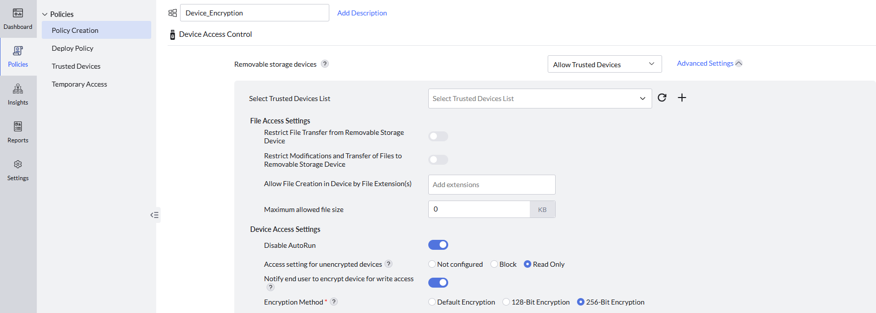 Enabling device encryption settings in policy Creation