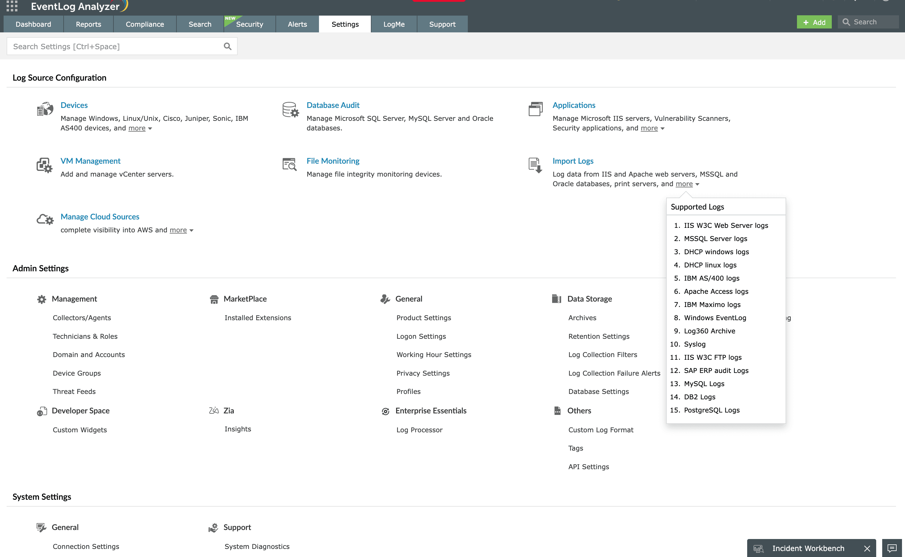 Supported log sources in EventLog Analyzer.