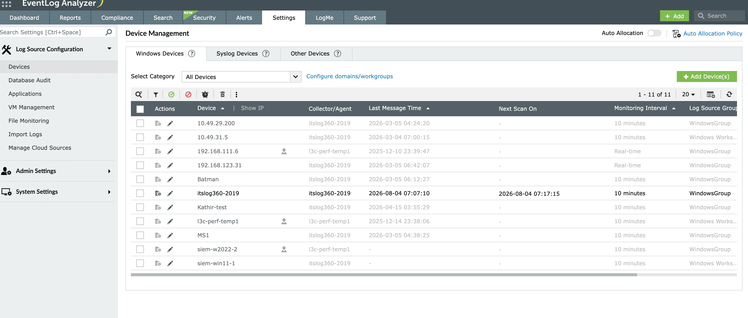 the Windows log collection console in EventLog Analyzer for managing Windows devices