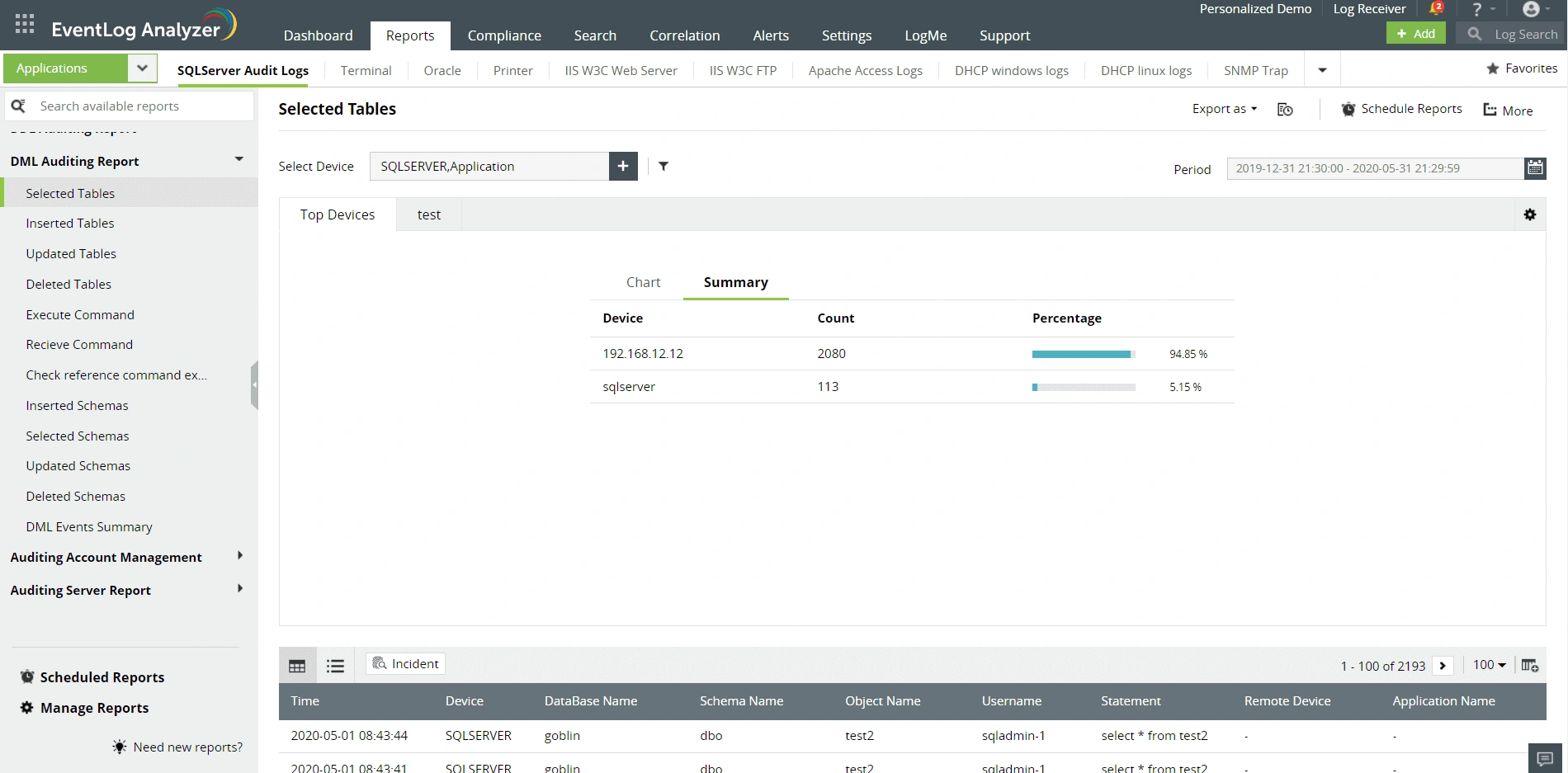 Manage database logs
