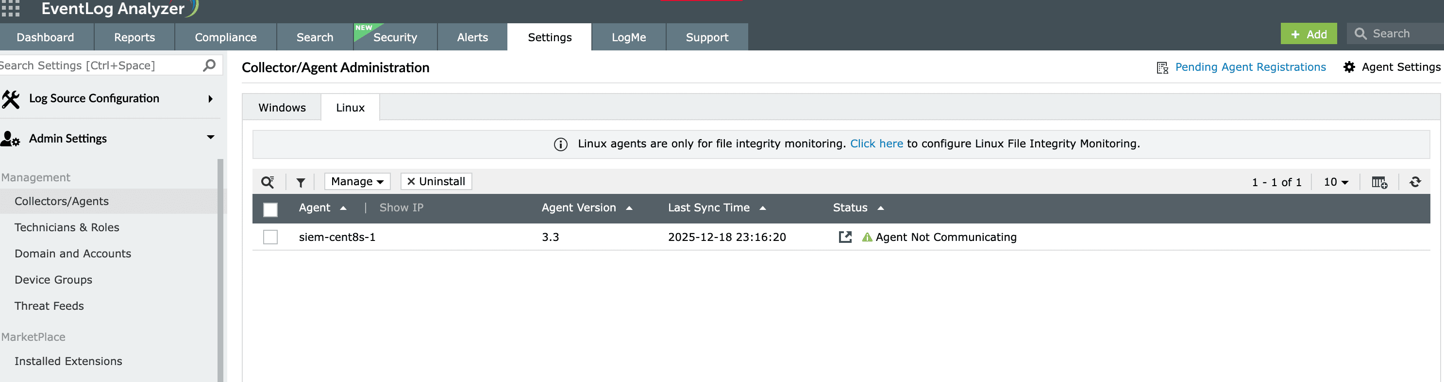 The Windows and Linux agent  administration console in EventLog Analyzer