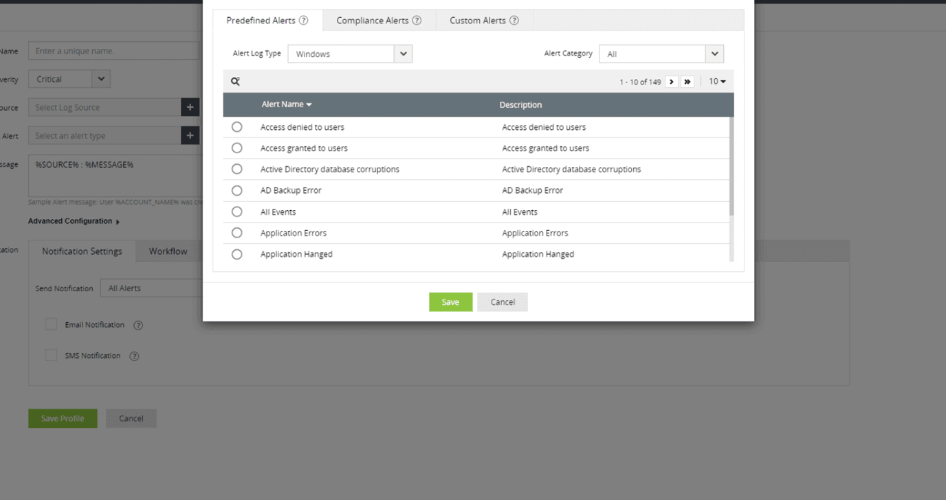 Creating an alert profile with EventLog Analyzer