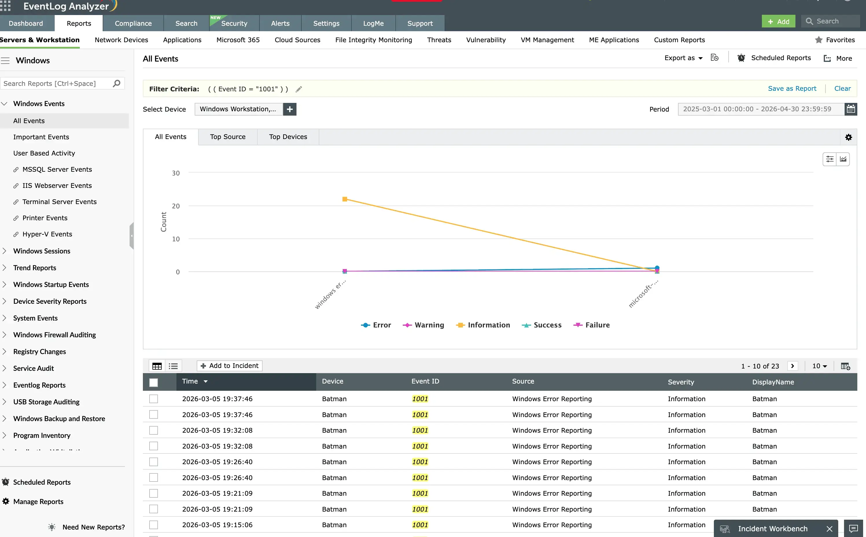 Troubleshoot event ID 1001 with EventLog analyzer