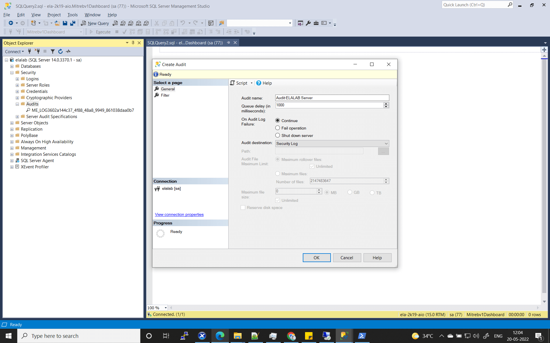 image depicts a create audit dialog box with audit name and other configurations
