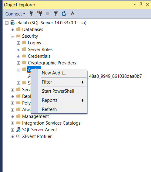 image shows creating a new audit in the object explorer panel