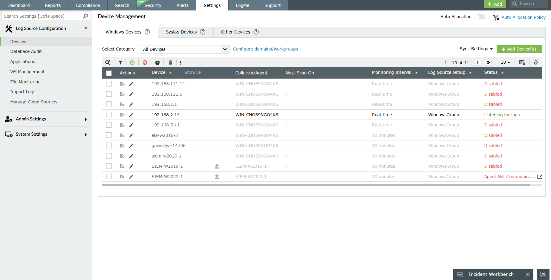 EventLog Analyzer device management page with Windows devices tab showing list of configured Windows devices.