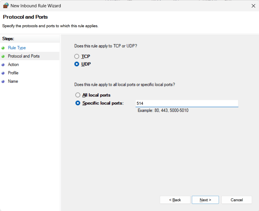 New Inbound Rule wizard showing UDP protocol selected and port 514 entered.