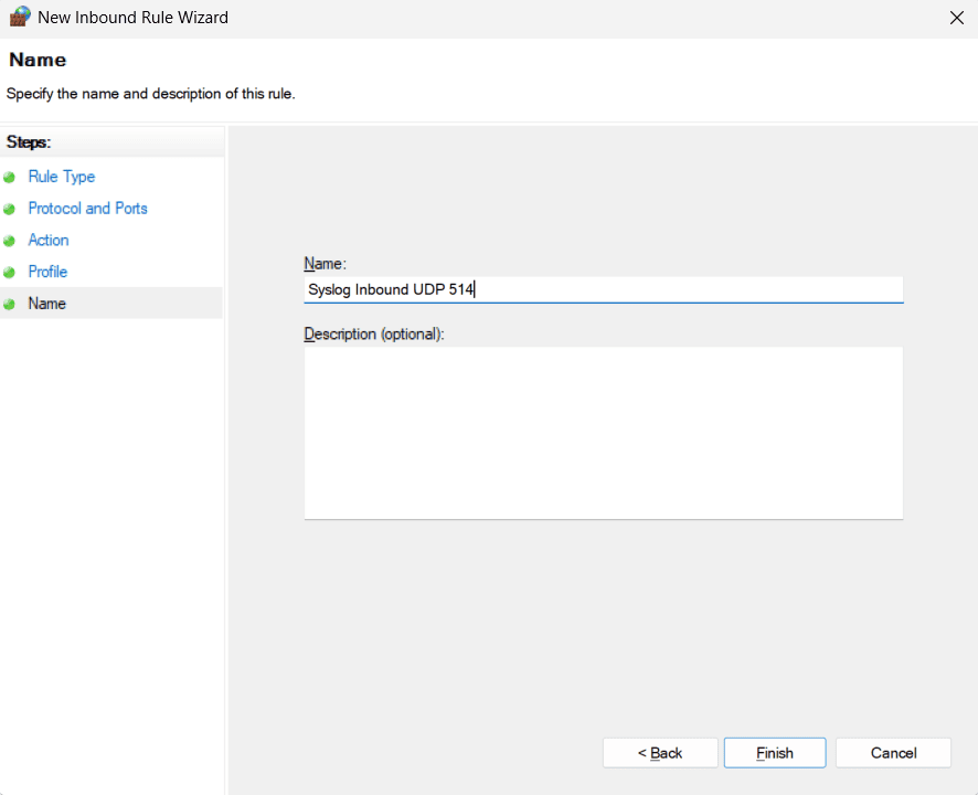 New Inbound Rule wizard final step with rule name 'Syslog Inbound UDP 514' entered.