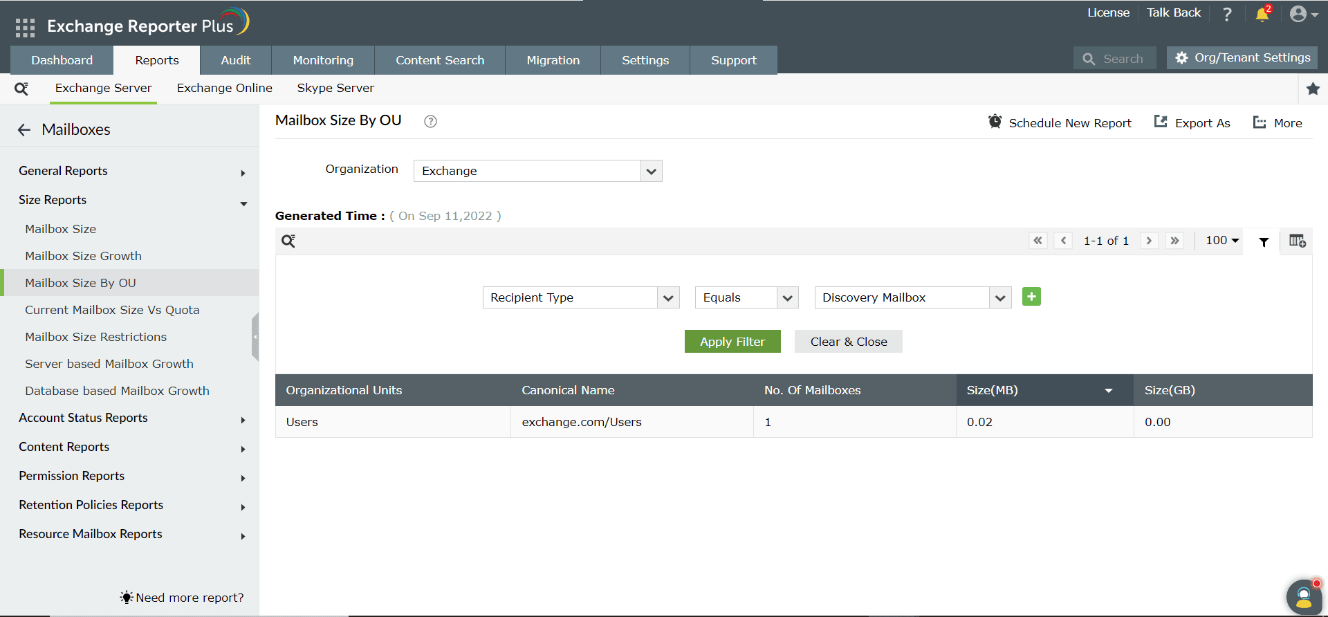 Report on discovery search mailbox size categorized by OU in Exchange Reporter Plus