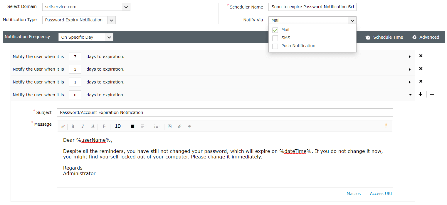 Scheduling password expiry notifications in ADSelfService Plus