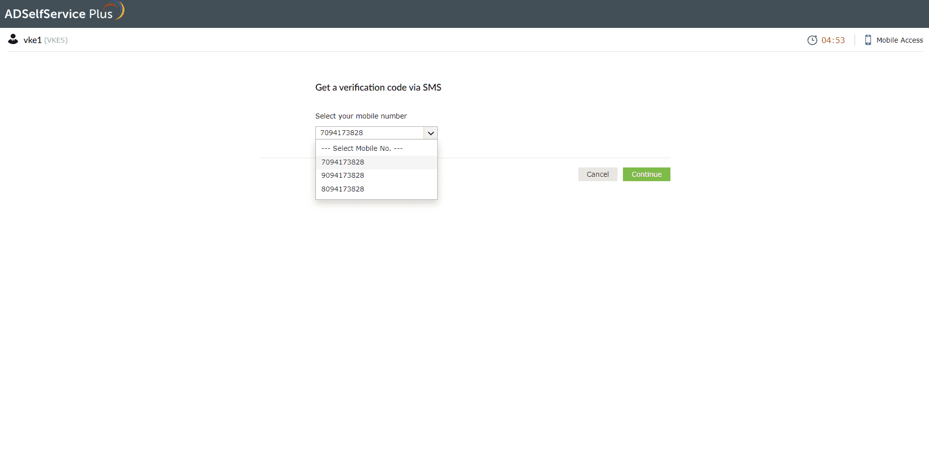 Selecting the mobile number to receive the SMS verification code
