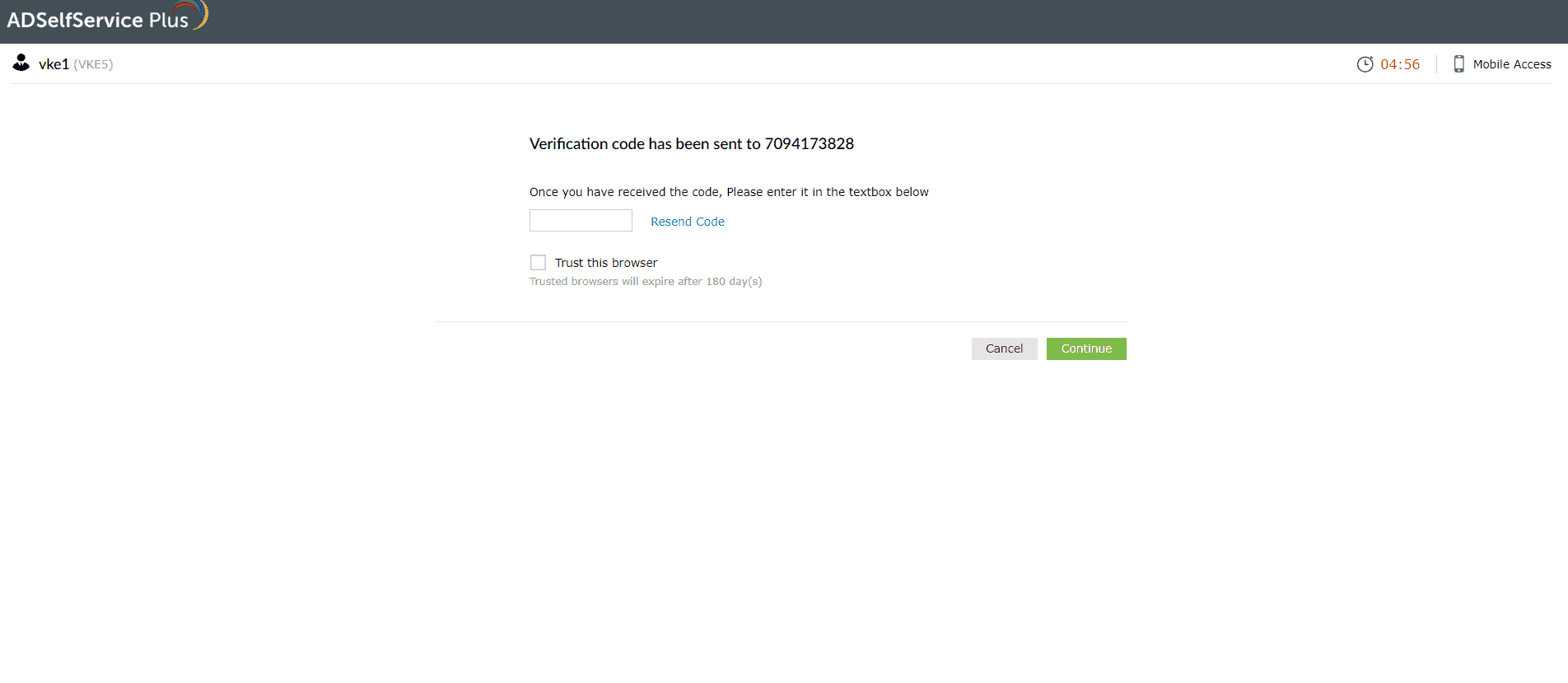 Entering the verification code sent to your mobile