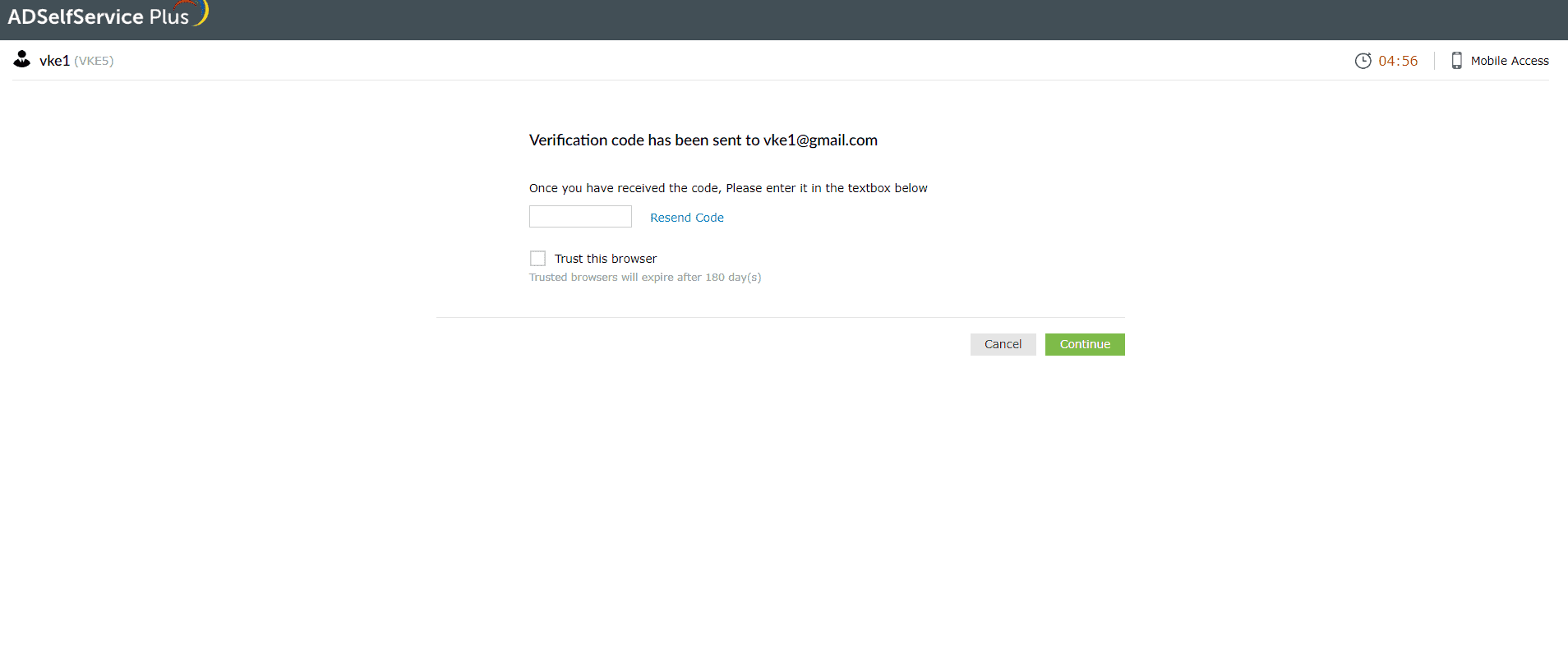 Entering the verification code sent to your email