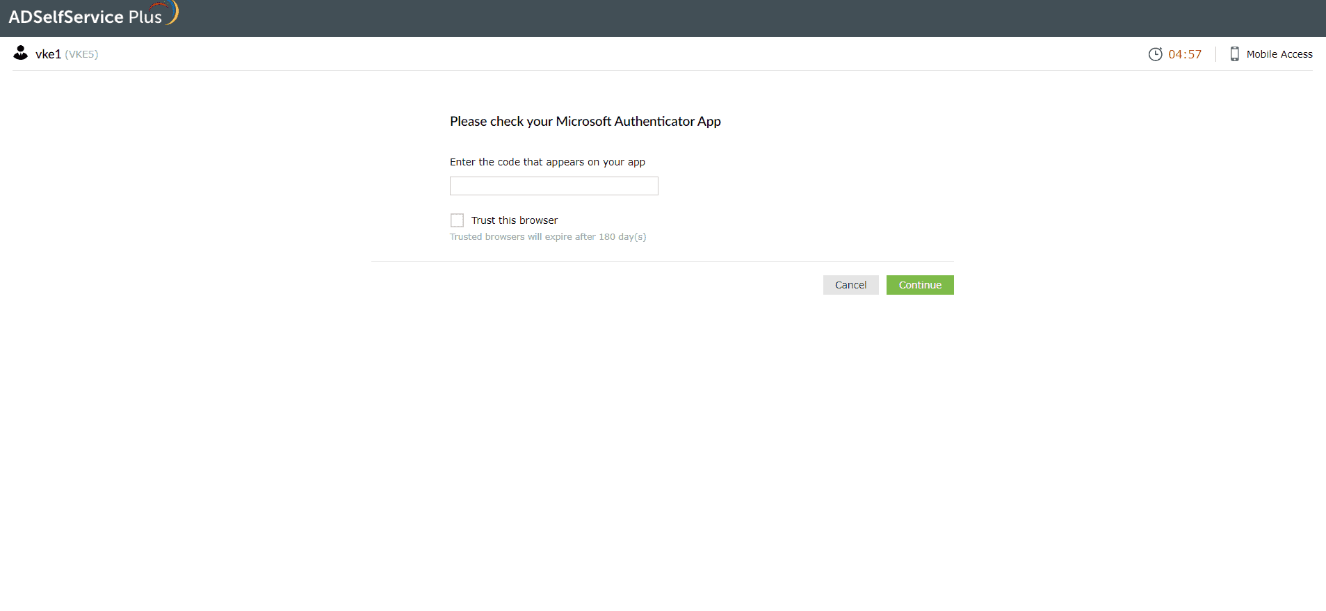 Entering the code from the Microsoft Authenticator app to verify your identity