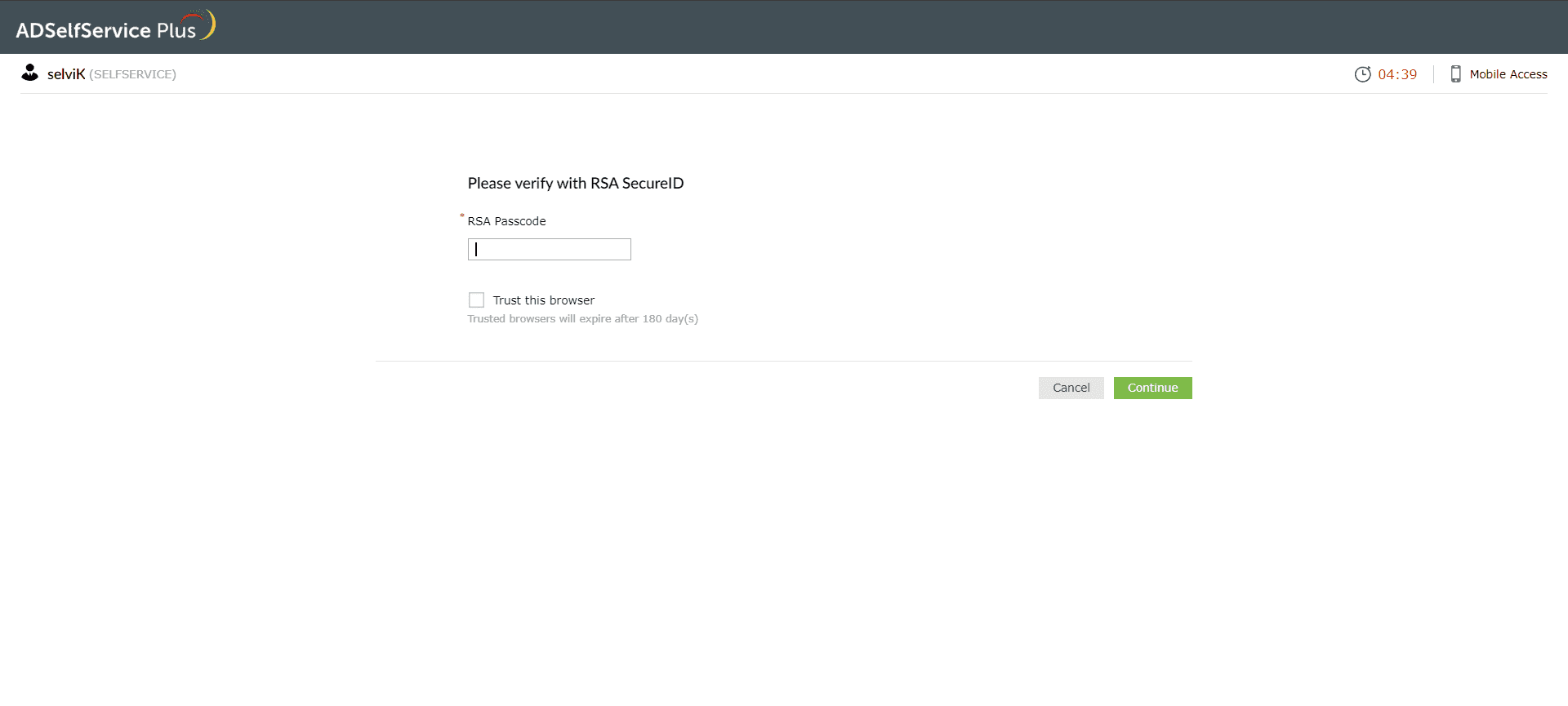 Entering your RSA SecurID passcode to verify your identity