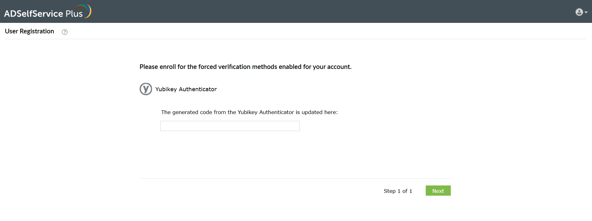Entering the YubiKey-generated code to verify your identity