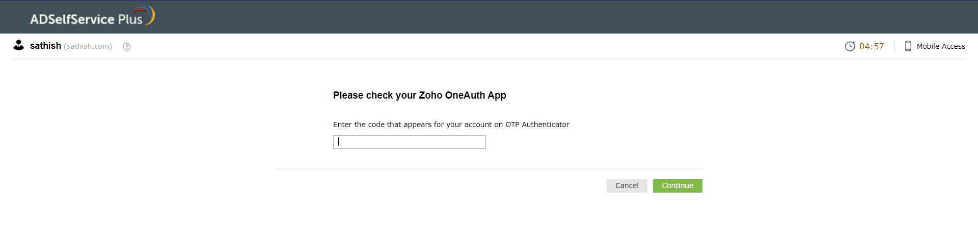 Entering the Zoho OneAuth TOTP to verify your identity