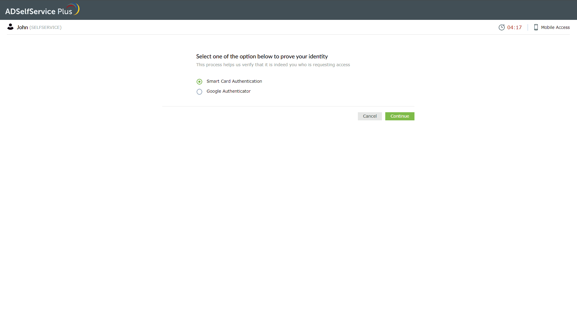 Selecting Smart Card Authentication for MFA on the login screen
