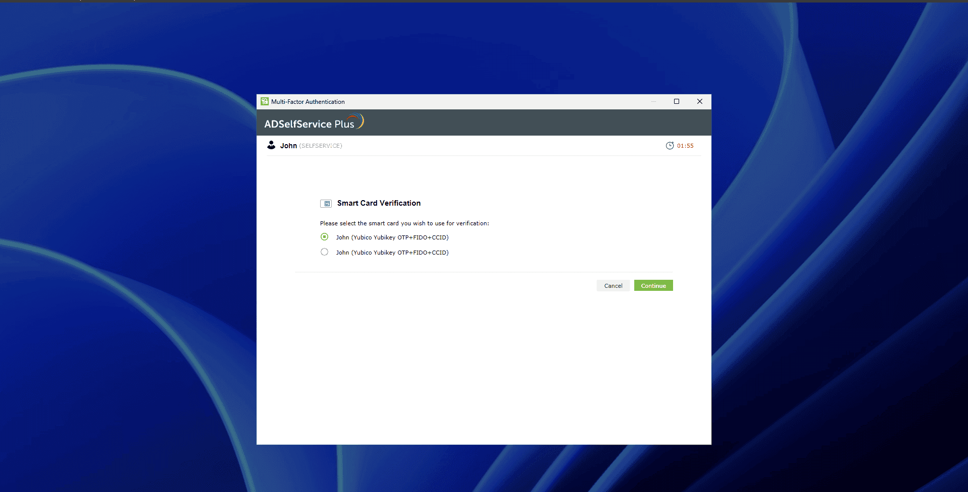Choosing the smart card certificate at the machine login screen