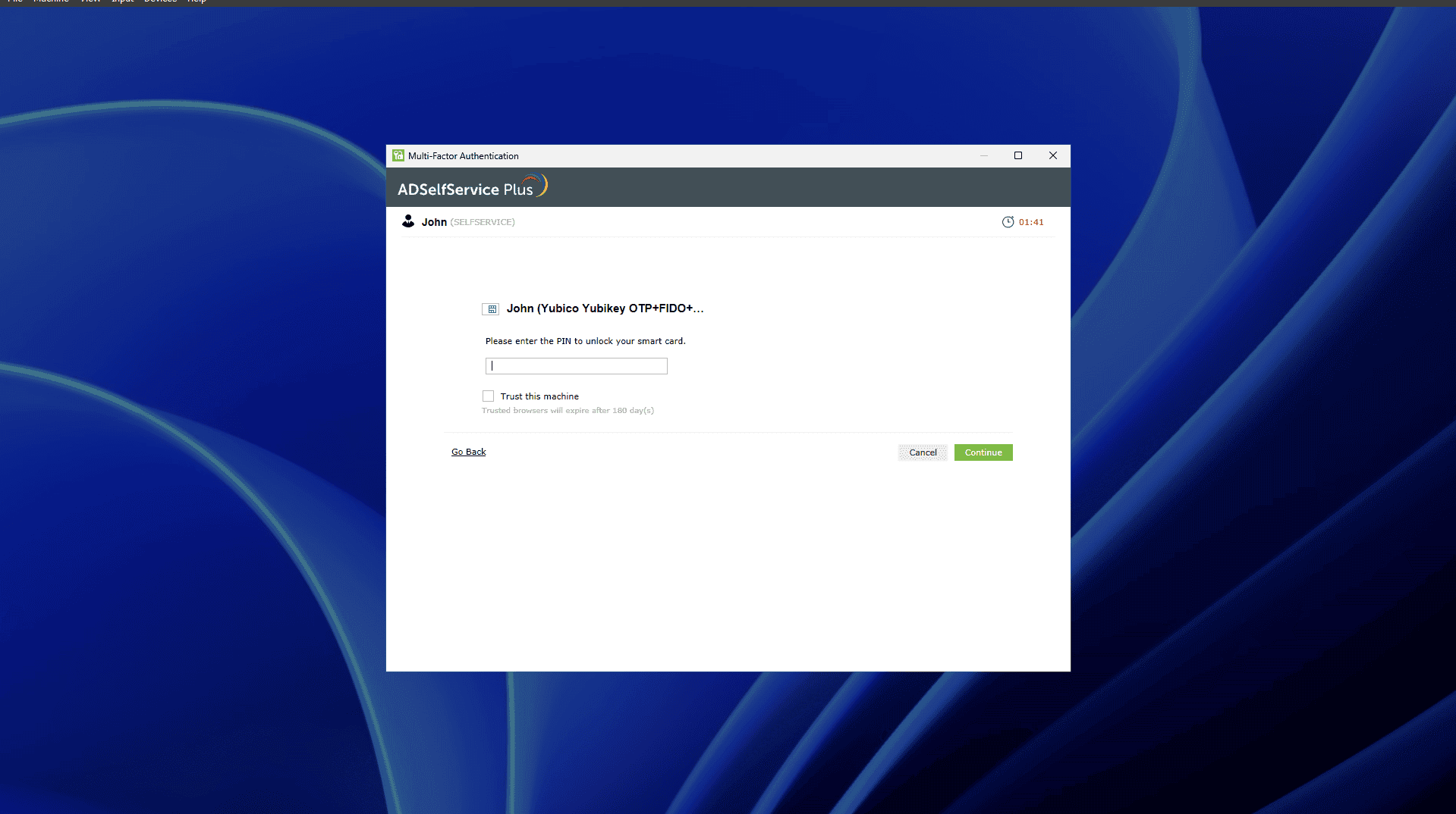 Entering the smart card PIN at the machine login screen