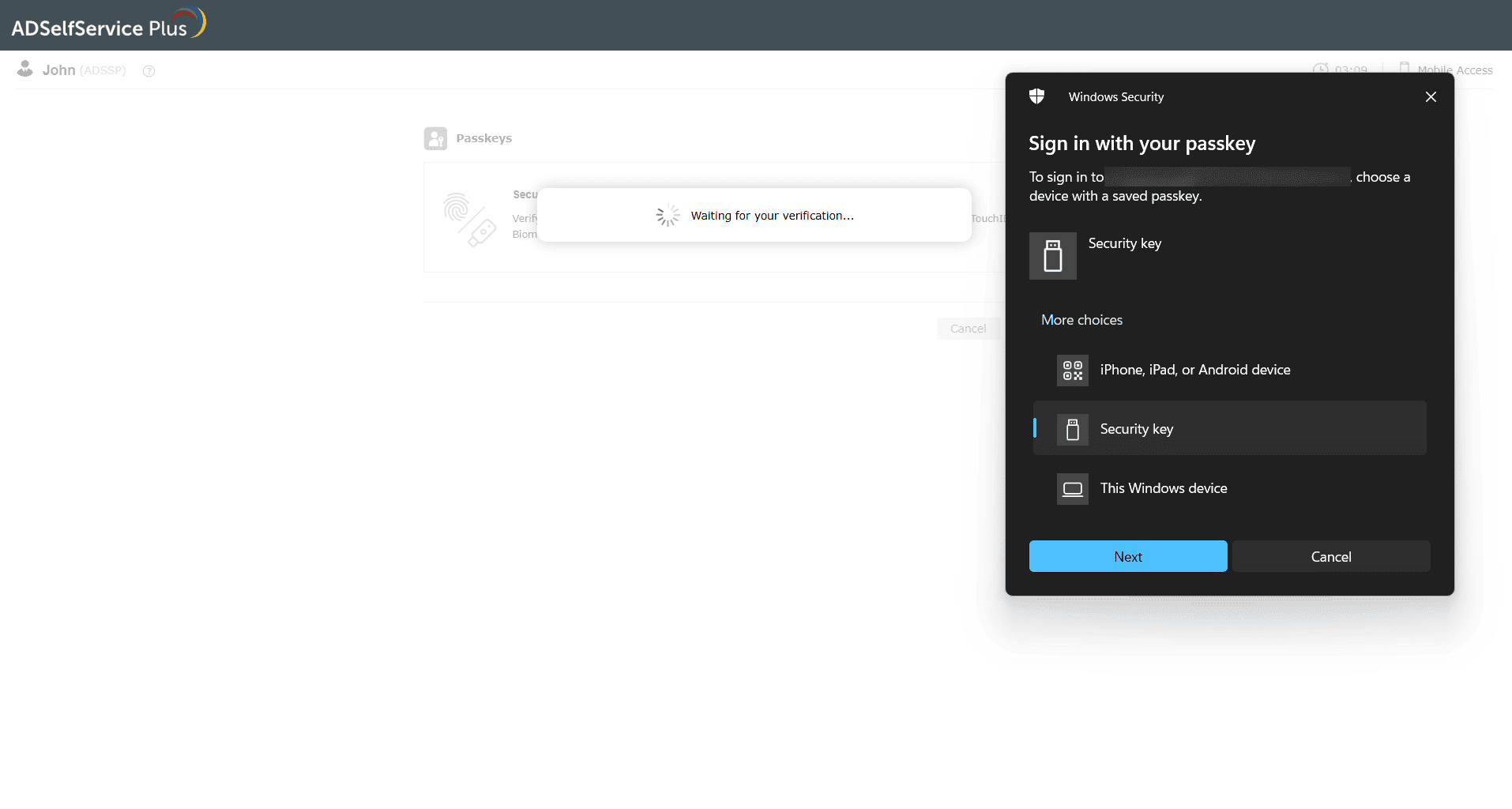 Verifying with a passkey using an external security key