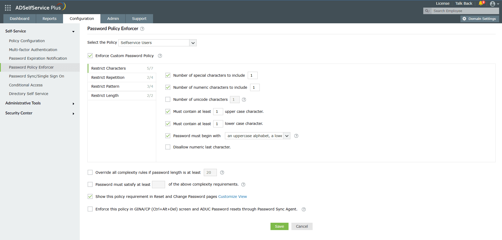 Password Policy Enforcer settings for restricting special characters, unique characters, and AD attributes in passwords
