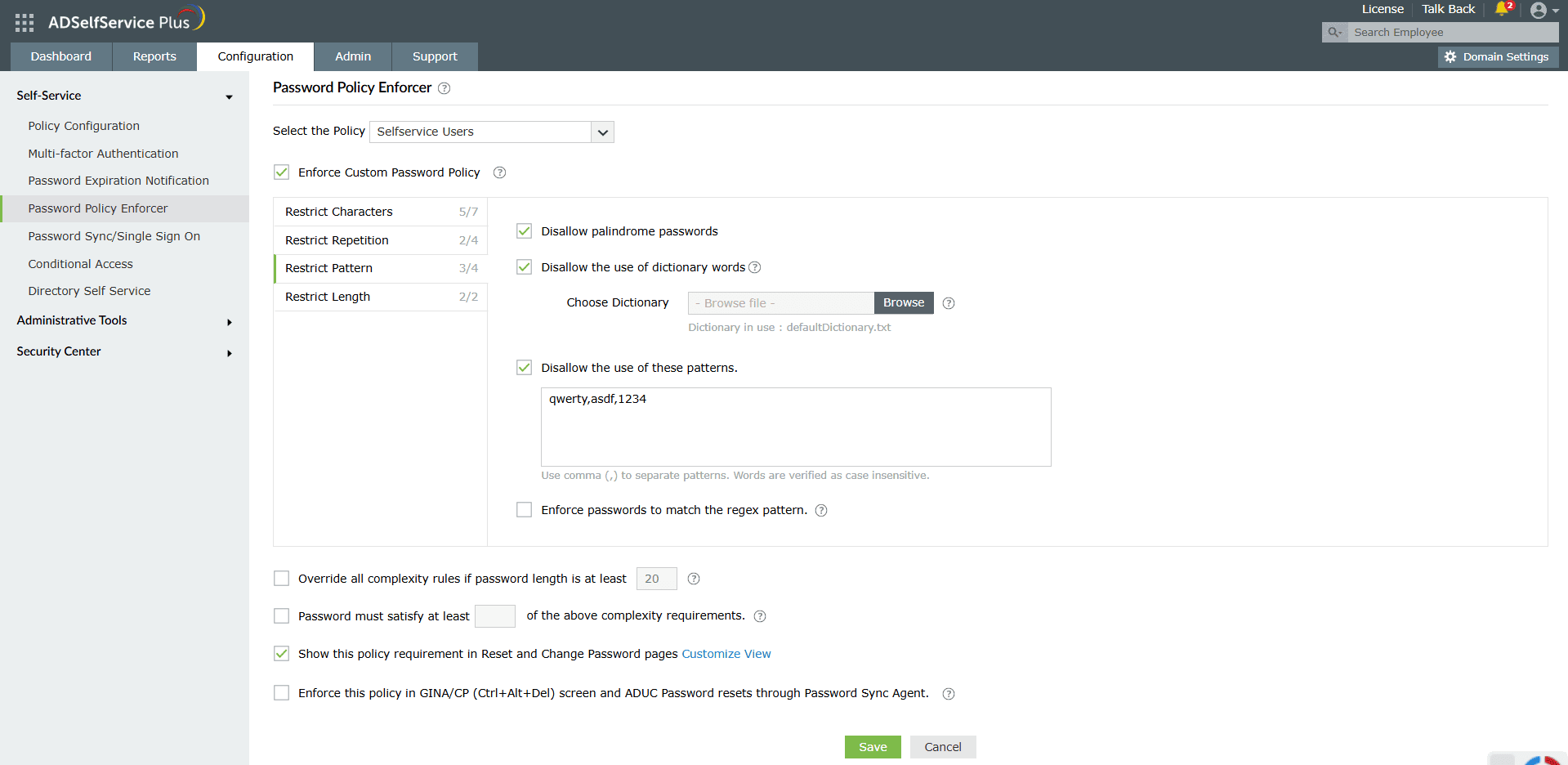 Password Policy Enforcer settings for blocking dictionary words and predictable password patterns.