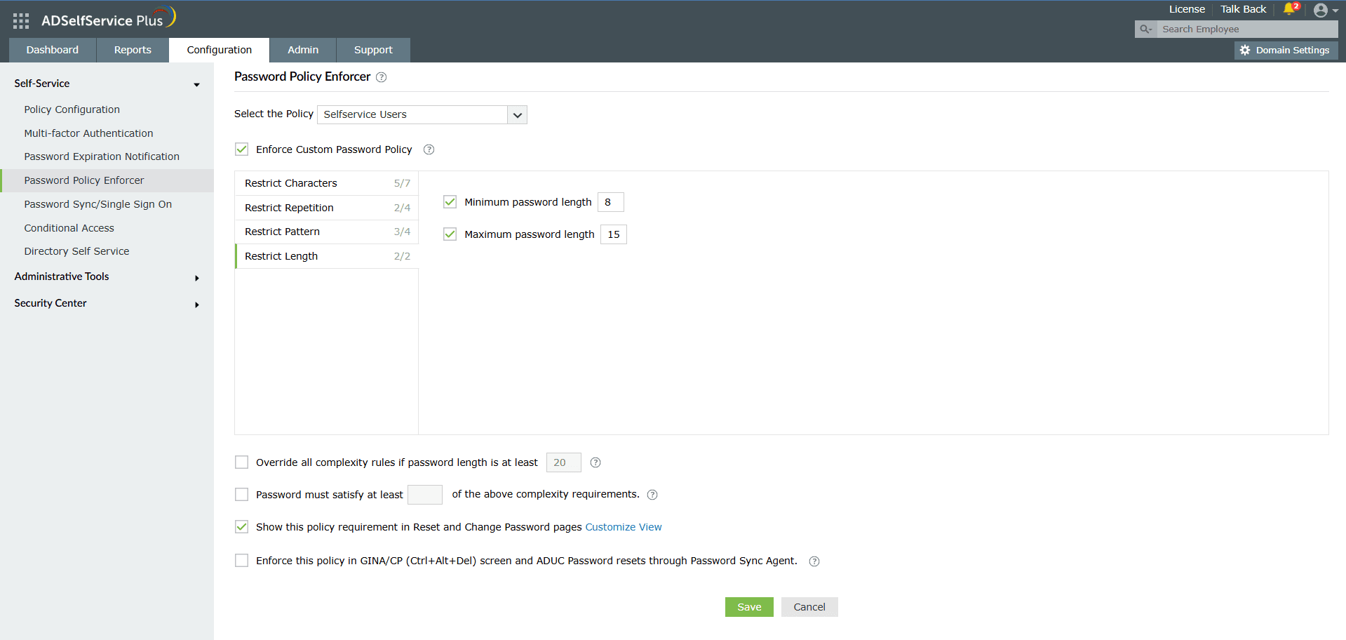 Password Policy Enforcer settings for configuring password length and complexity requirements for users and groups.