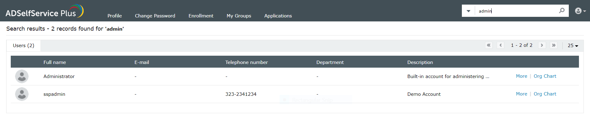 ADSelfService Plus employee directory search results table with name, email, department columns, and Org Chart links
