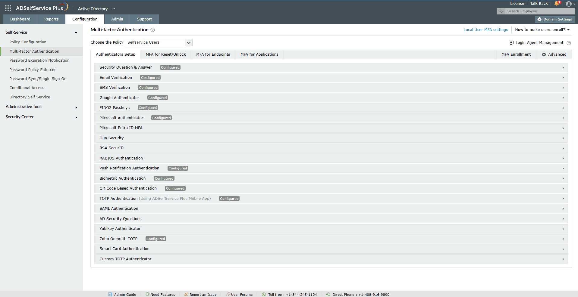 ADSelfService Plus's authenticators setup screen listing 20 supported MFA methods including FIDO2, biometrics, and smart cards.