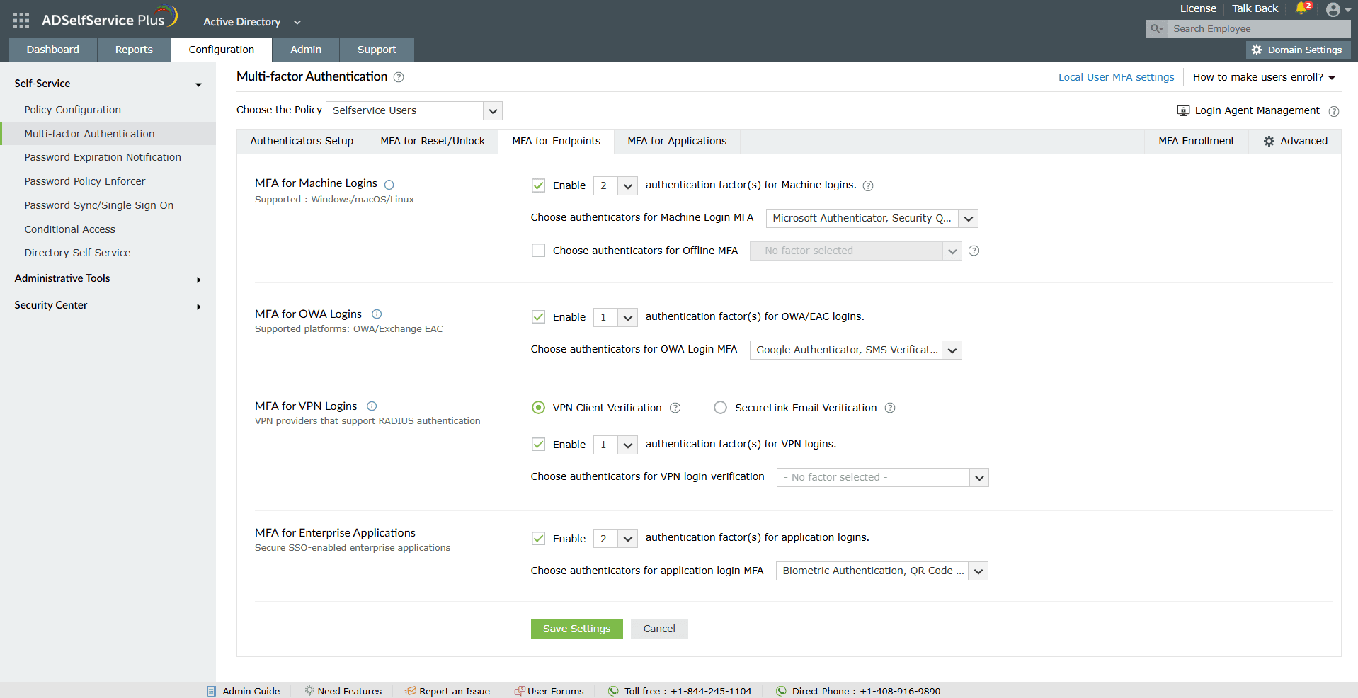 ADSelfService Plus's MFA configuration screen showing endpoint, OWA, VPN, and enterprise application login settings.