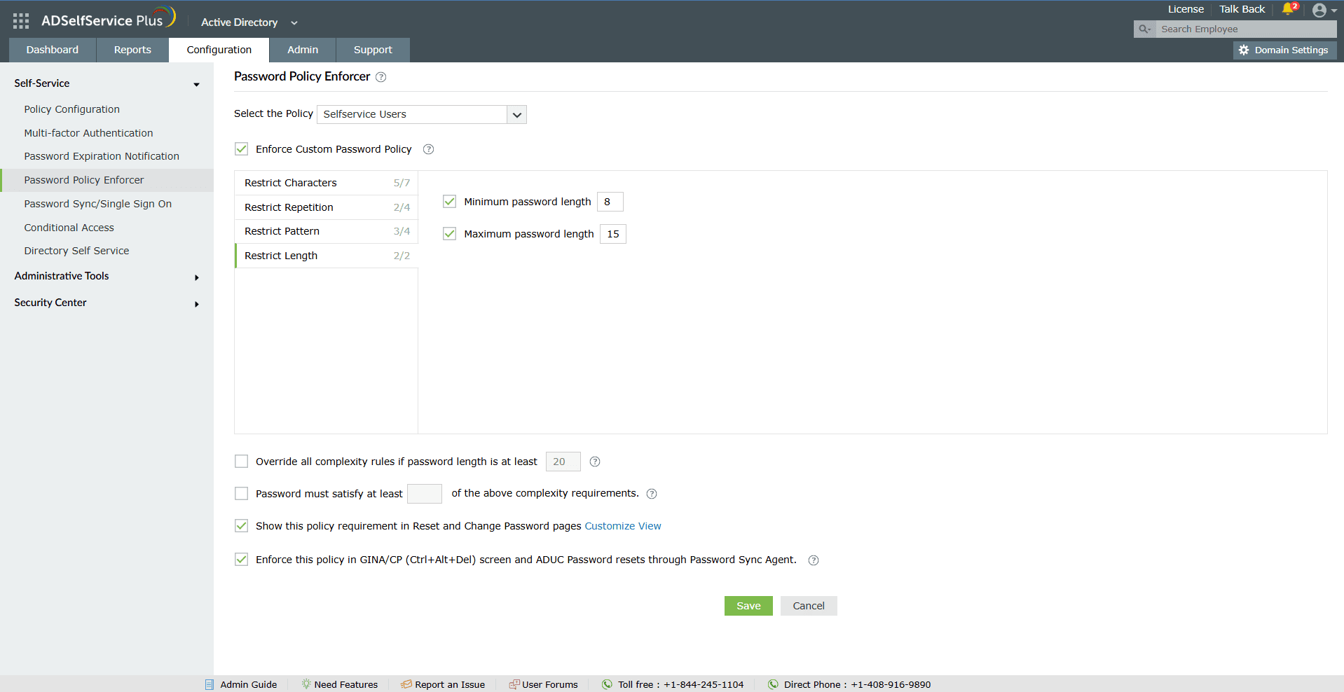 ADSelfService Plus's Password Policy Enforcer showing minimum and maximum password length configuration settings.