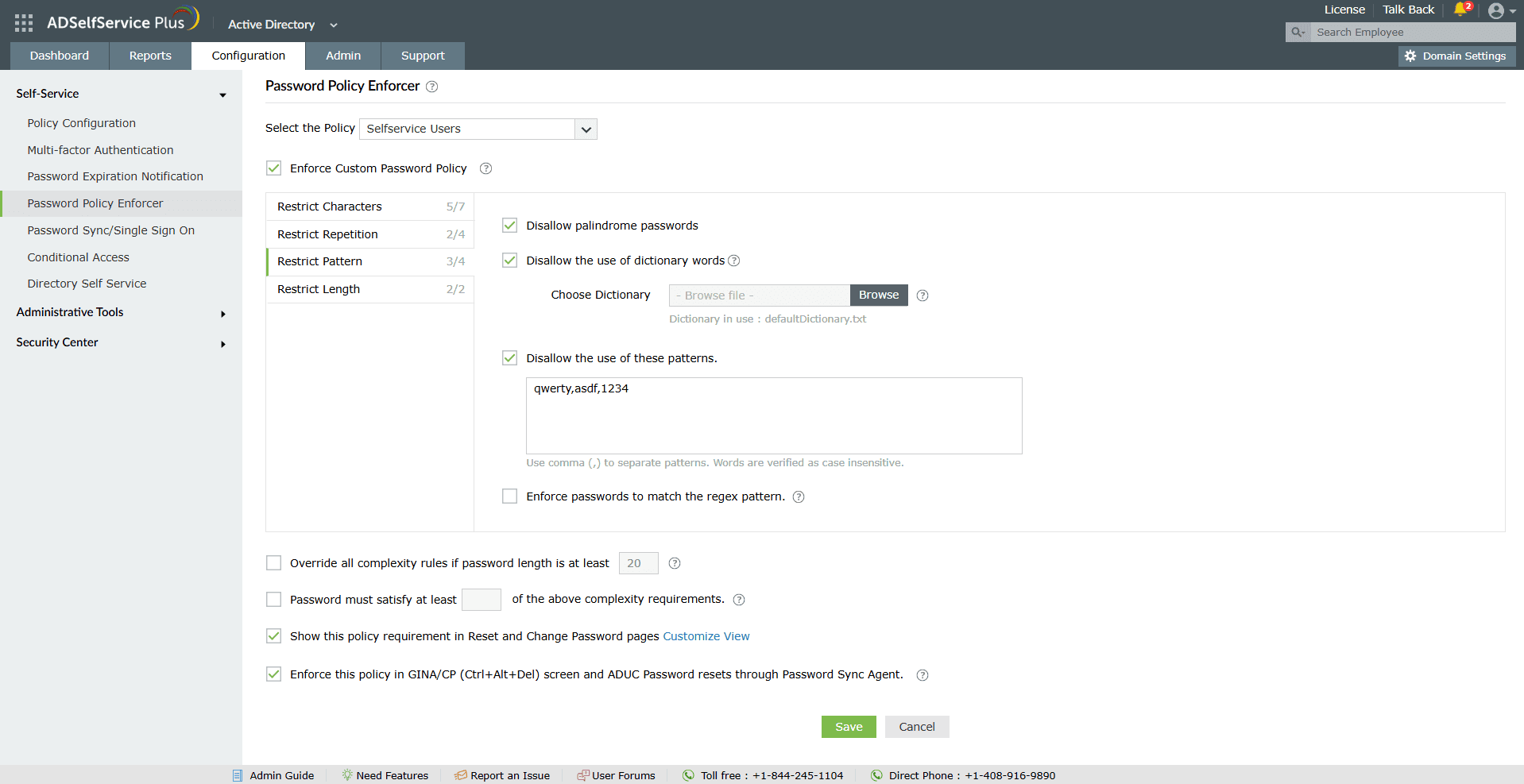 ADSelfService Plus's Password Policy Enforcer showing pattern restriction settings blocking palindromes, dictionary words, and keyboard sequences.
