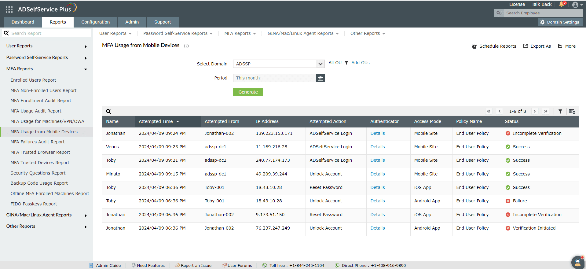 Fig. 17: MFA Usage from Mobile Devices Report in ADSelfService Plus.