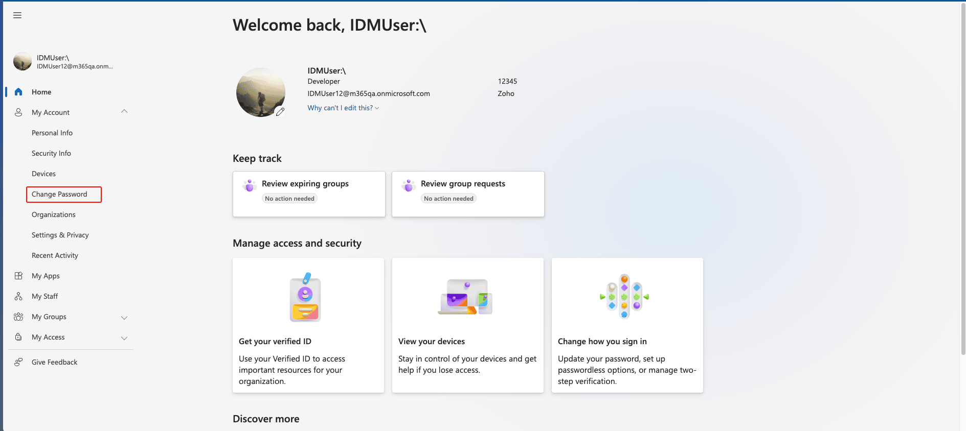 Microsoft 365 My Account page showing Change Password option in the side pane