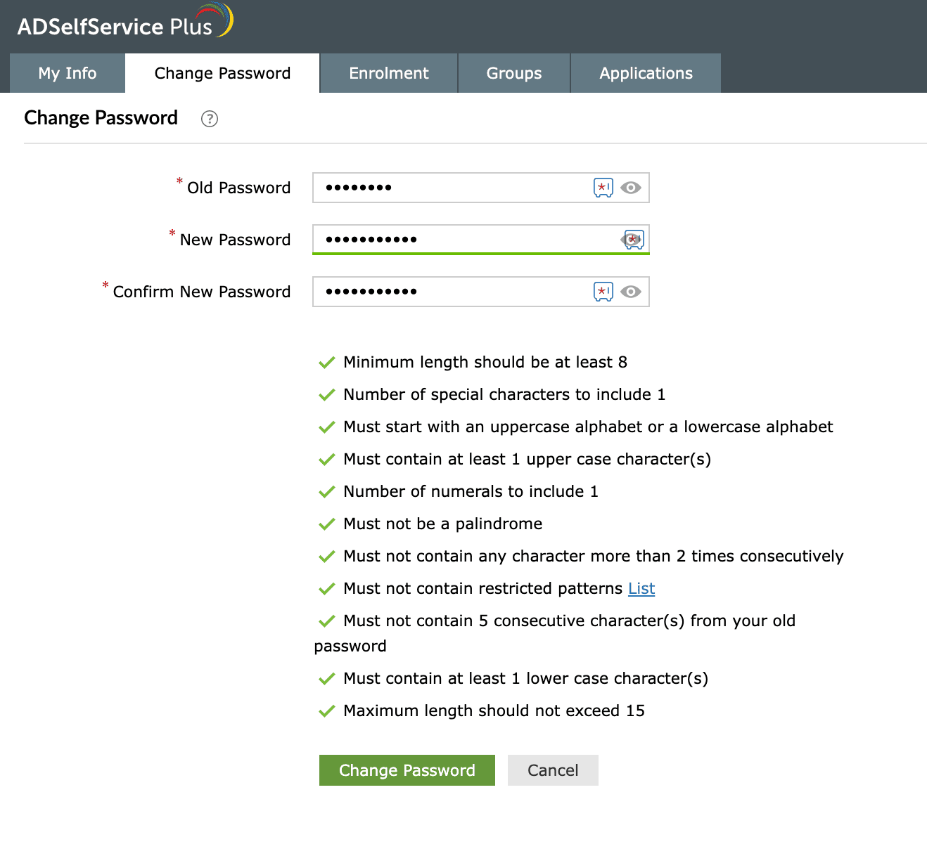 ADSelfService Plus Change Password page with Old Password, New Password fields and Submit button.