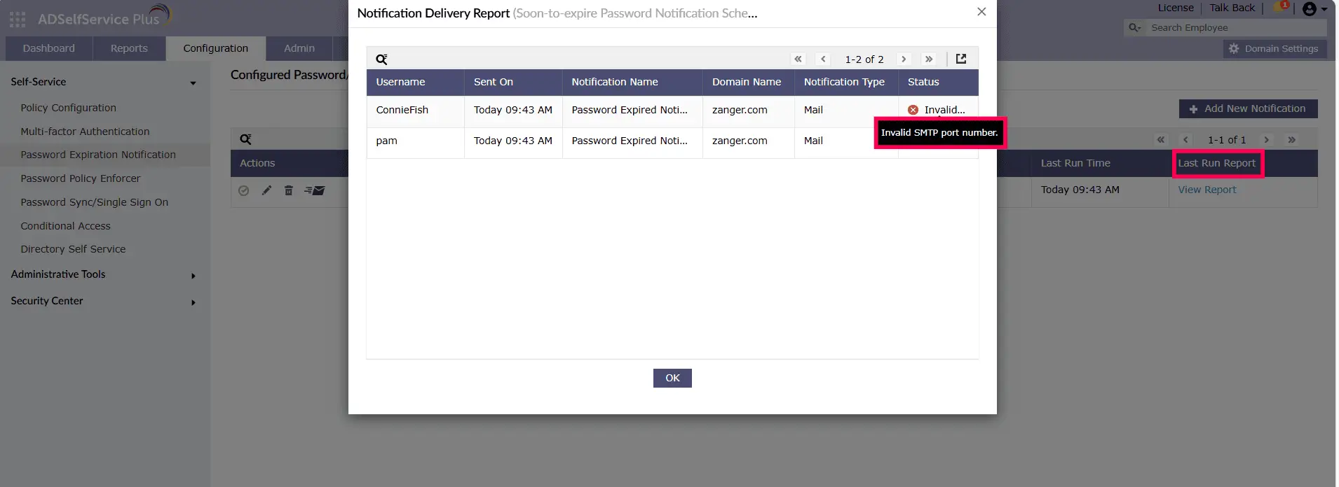 Steps to check SMTP errors using the Last Run Report in password expiration notifications.