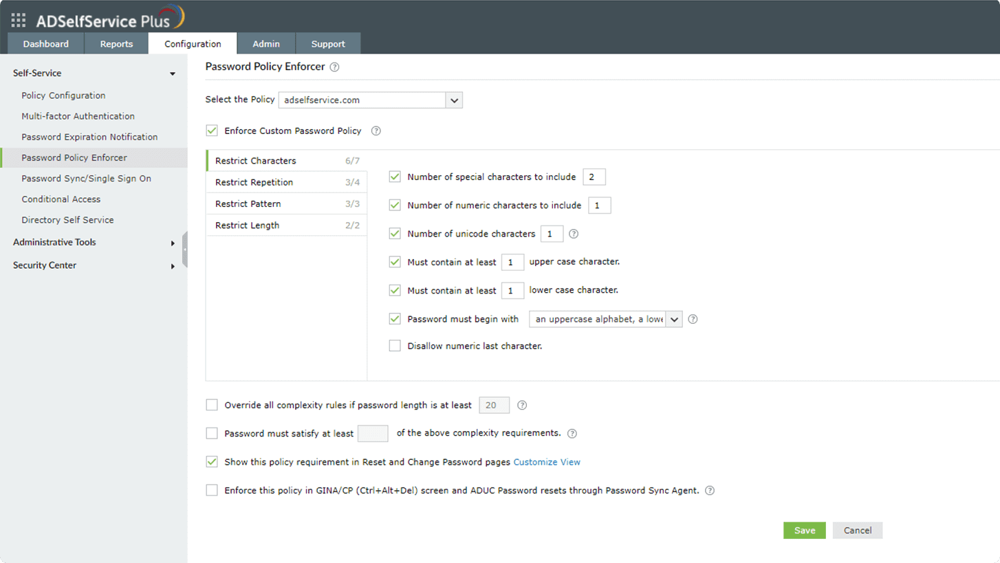 ADSelfService Plus Password Policy Enforcer restrict characters tab showing character type rules and restrictions.