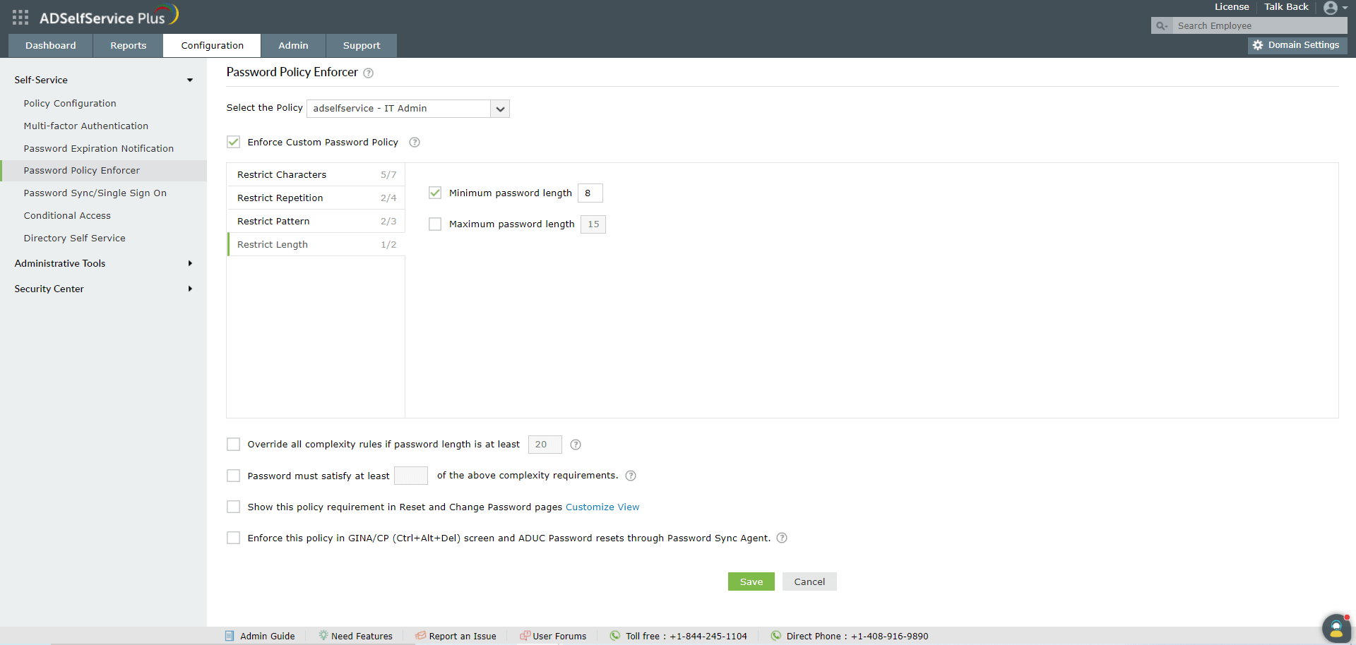 Steps to restrict password length using Password Policy Enforcer in ADSelfService Plus